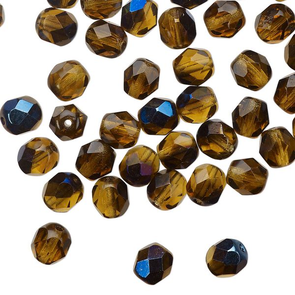 Bead 1pkg1 Czech fire-polished glass, 6mm faceted round, 1 mass mixed half-coated blue iris honey image number 0
