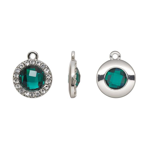 Drop, glass / glass rhinestone / imitation rhodium-finished "pewter" (zinc-based alloy), clear and transparent emerald green, 15.5mm single-sided round. Sold per pkg of 2. image number 0