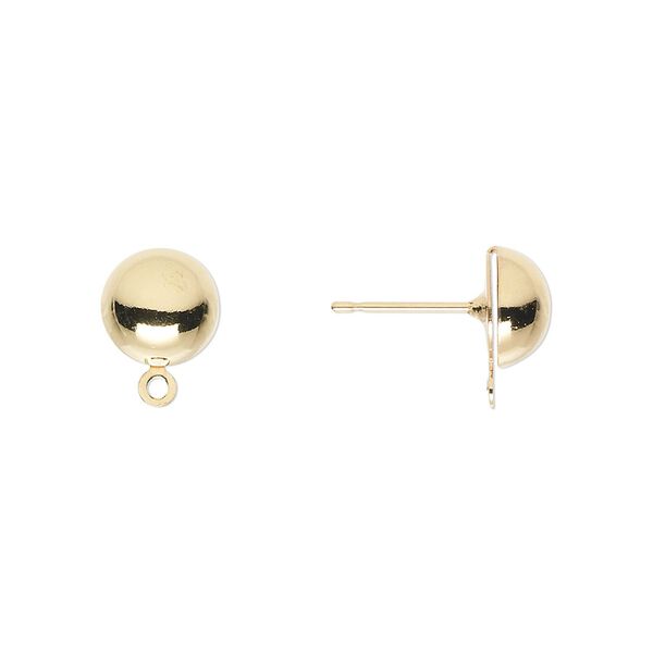Earstud 1pkg100 gold-plated, 8mm half-ball / closed loop, brass / stainless steel 50 pair image number 0