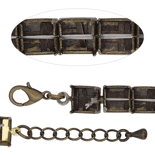 Bracelet component, antique brass-finished brass and steel, 8mm wide cupchain with (22) SS39 rivoli settings, 8 inches with 1-inch extender chain and lobster claw clasp. Sold individually. image number 0