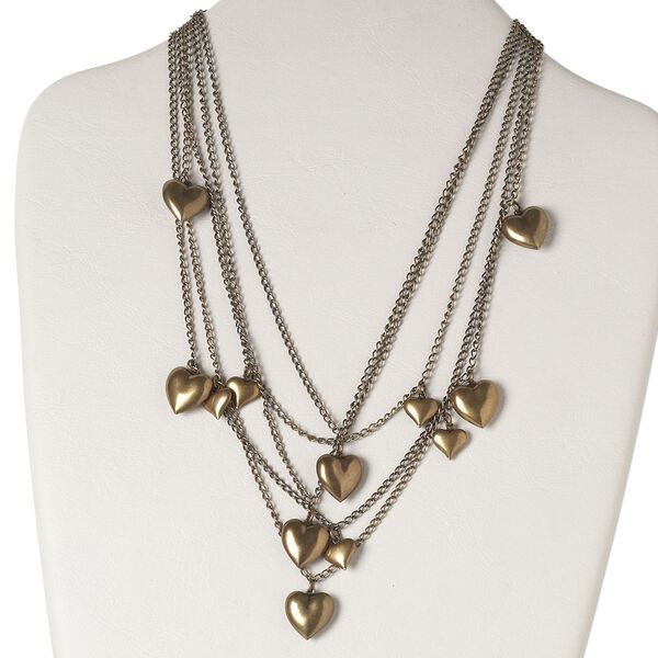 Necklace, 5-strand, antiqued gold-plated brass, 16x16mm puffed heart, 16 inches and 3-inch extender chain and lobster claw clasp. Sold individually. image number 0