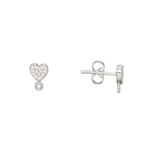 Earstud, cubic zirconia and rhodium-plated sterling silver, clear, 5mm heart with closed loop. Sold per pair. image number 0