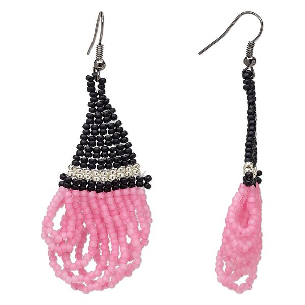 Circle of Hope earring, glass seed beads and electro-coated steel, pink and black, 2-3/4 inches with witch's hat with hair and fishhook ear wire. Only one available. image number 0
