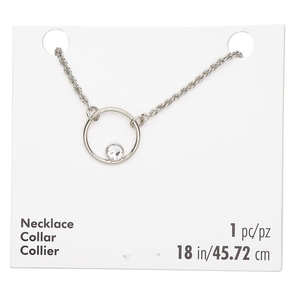 Necklace steel crystal 1pk 15mm round, silver finish crystal clear 18 inch plus extender chain lobster claw clasp image number 0