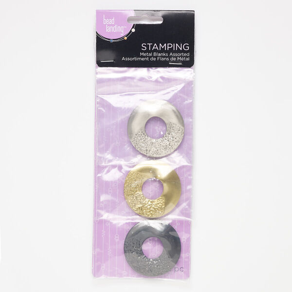 Component, nickel- / brass / gunmetal-finished "pewter" (zinc-based alloy), 41mm partially hammered round donut. Sold per pkg of 12. image number 0