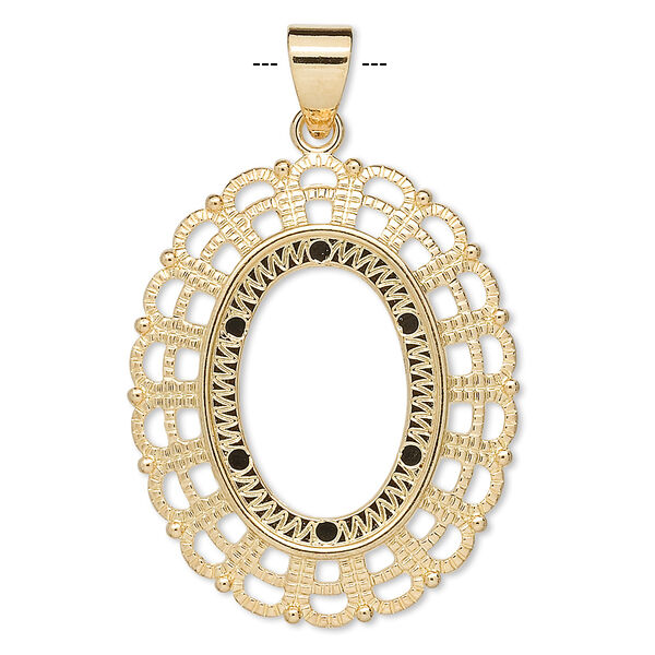 Pendant, gold-plated "pewter" (zinc-based alloy), 38x32mm fancy oval with 25x18mm oval setting. Sold per pkg of 4. image number 0