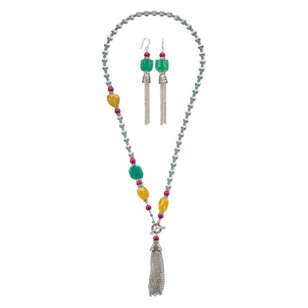 Necklace and earring set, One of a Kind Jewelry, silver-finished brass / agate (dyed) / riverstone (dyed), yellow / green / pink, 30-inch necklace. Only one available. image number 0