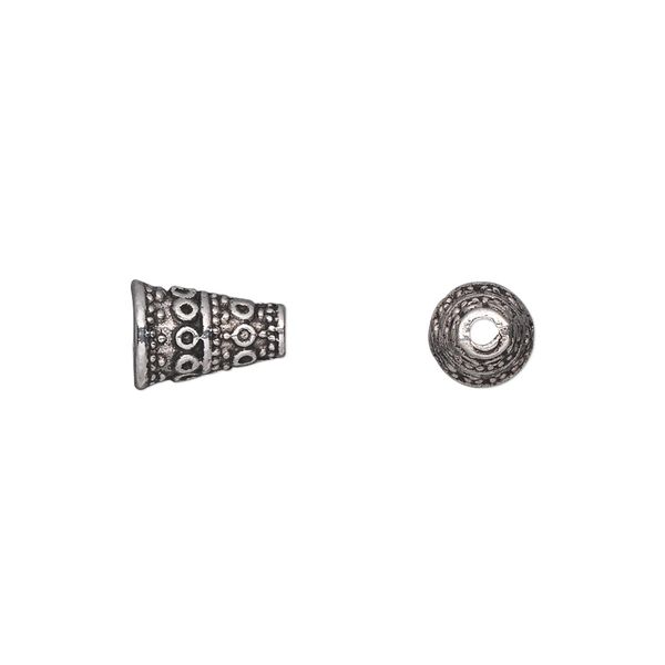 Cone, antique silver-plated "pewter" (zinc-based alloy), 10x7mm fancy, 5mm inside diameter. Sold per pkg of 50. image number 0