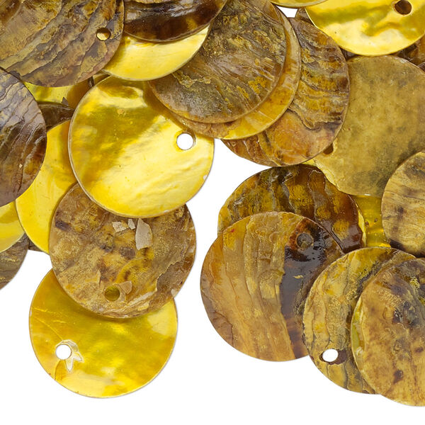 Drop, mussel shell (dyed / coated), yellow, 15mm flat round. Sold per pkg of 100. image number 0