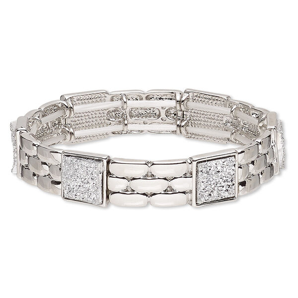 Bracelet, stretch, druzy (imitation) with silver-plated brass and "pewter" (zinc-based alloy), smoke, 13mm wide, 6-1/2 to 7 inches. Sold individually. image number 0