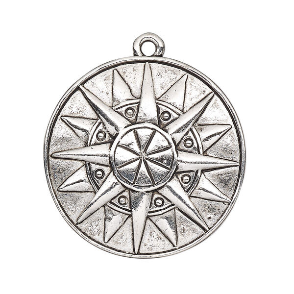 Focal, antique silver-plated "pewter" (zinc-based alloy), 33mm single-sided domed round with sun design. Sold per pkg of 2. image number 0