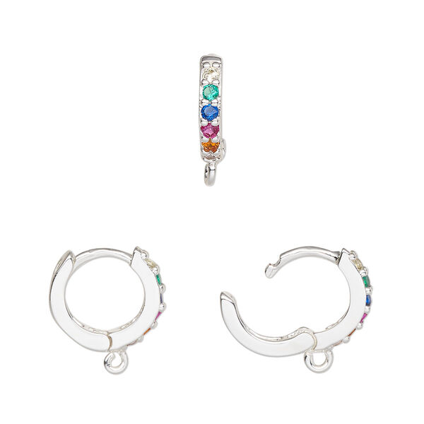 Hoop, silver-finished brass / glass / cubic zirconia, multicolored, 13mm hoop, 17 gauge. Sold per pair. image number 0
