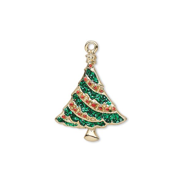Charm, enamel and gold-finished "pewter" (zinc-based alloy), red and green with glitter, 21x17mm single-sided Christmas tree. Sold individually. image number 0