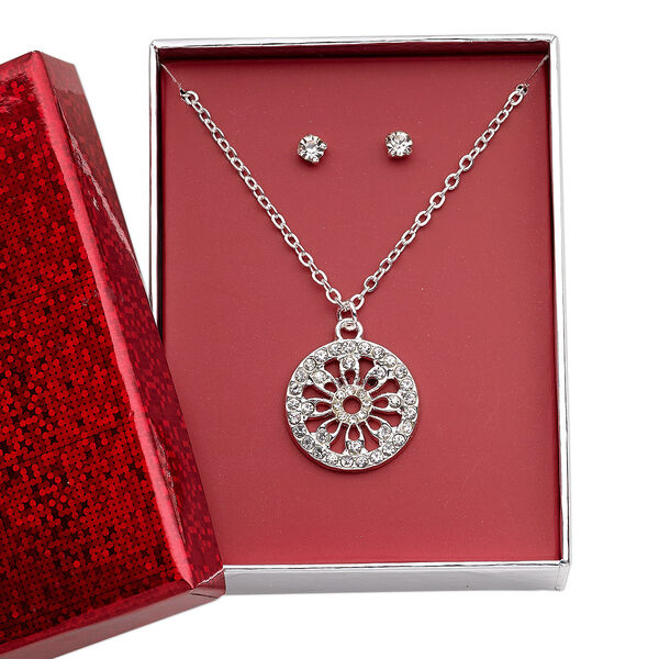 Necklace and earring set, glass rhinestone / silver-finished brass / steel / "pewter" (zinc-based alloy), clear, 22mm round with cutout flower, 15" to 16" necklace with 3-inch extender chain and lobster claw clasp, 4mm round with post. Sold per set. image number 0