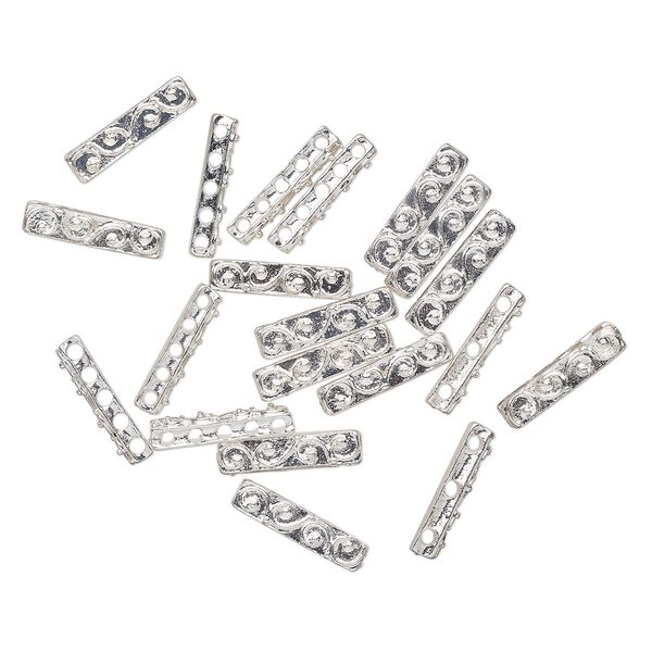 Spacer, 5-strand, silver-finished "pewter" (zinc-based alloy), 20x5mm-21x6mm fancy rectangle with swirls, fits up to 5mm bead. Sold per pkg of 20. image number 0