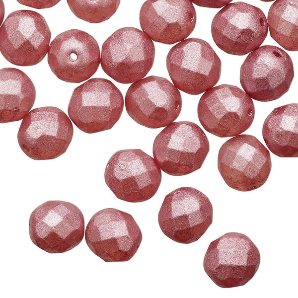 Bead 1pkg50 Czech fire-polished glass, 8mm faceted round, opaque dipped décor pearlescent dusty rose image number 0