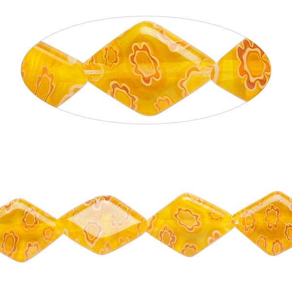 Bead, millefiori glass, translucent bright orange and multicolored, 11x9-14x10mm puffed diamond with flower design. Sold per 14-inch strand. image number 0