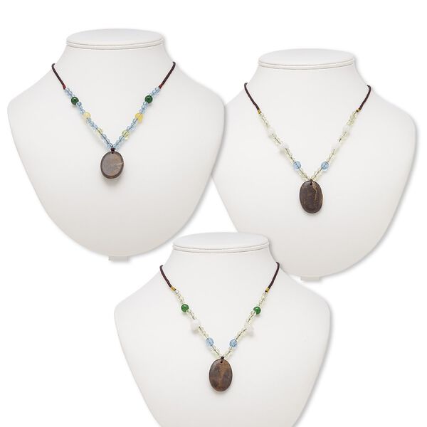 Multi-gemstone / acrylic / glass 1pkg3, oval pendant necklace mix continuous loop 20-24 inch 33x23mm-34x24mm image number 0