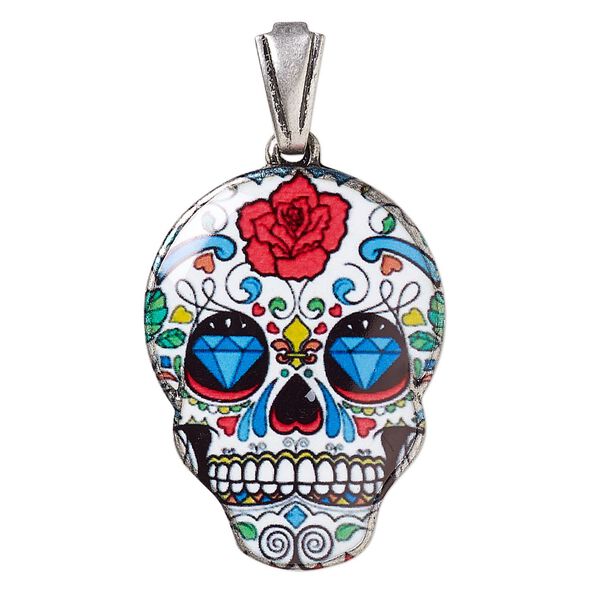 Pendant, resin and silver-plated brass, multicolored, 30x22mm Dia de los Muertos skull with rose and diamond pattern with open bail. Sold individually. image number 0