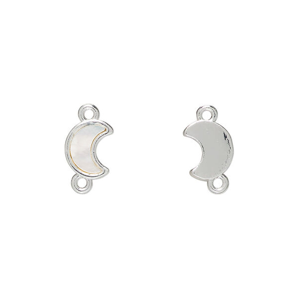 Link 1pkg2 brass / mother-of-pearl shell, 9x7mm moon, bleached silver finish / white image number 0
