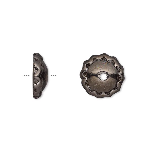 Bead cap, gunmetal-plated pewter (tin-based alloy), 13x4.5mm fluted round, fits 12-14mm bead. Sold per pkg of 2. image number 0