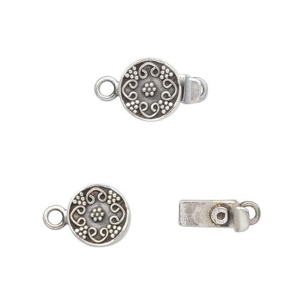 Clasp, tab, antiqued sterling silver, 9mm round with flower design. Sold individually. image number 0
