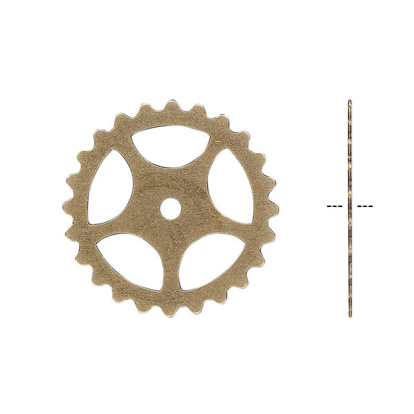 Component, antique brass-plated brass, 25mm round gear with cutout design. Sold per pkg of 4. image number 0