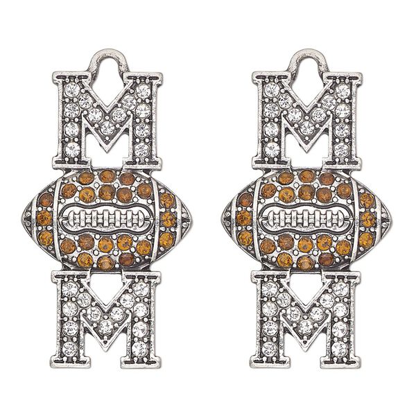 Focal, antique silver-finished "pewter" (zinc-based alloy) and glass, clear and brown, 31x18mm single-sided mom and football. Sold per pkg of 2. image number 0