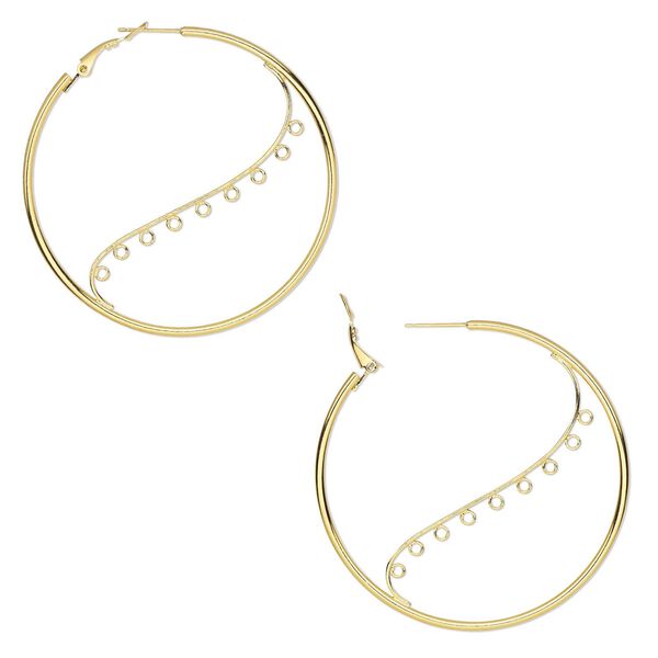 Earring hoop 1pkg2 gold-plated, 58mm round / hinged / closed loop, steel 1 pair image number 0