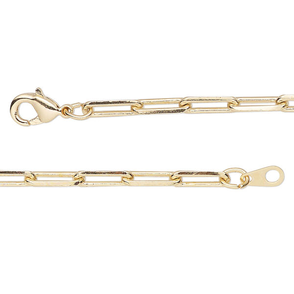 Chain, gold-finished brass, 3.3mm paperclip, 36 inches with lobster claw clasp. Sold individually. image number 0