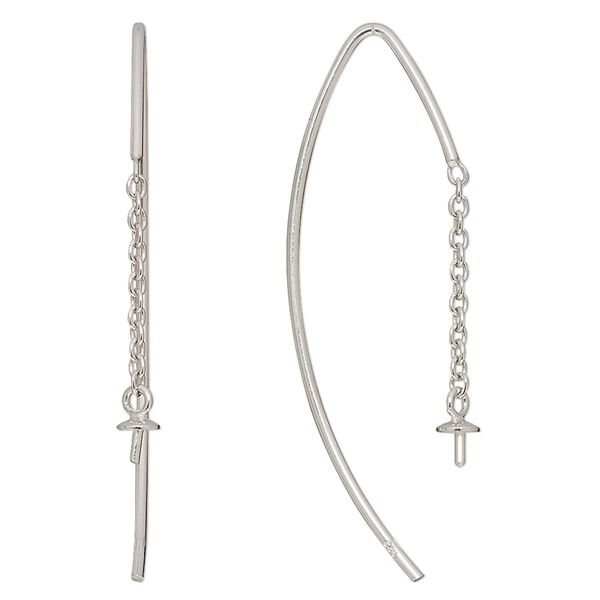 Ear wire 1pkg2 sterling silver, 32mm marquise / 3mm cup / 2.5mm peg / 6mm half-drilled round setting, 19 gauge 1 pair image number 0