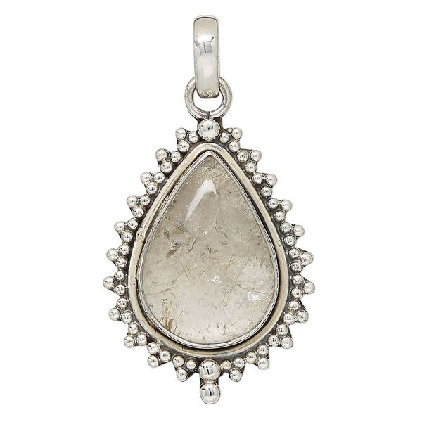 Pendant, golden rutilated quartz (natural) and sterling silver, 36x27mm beaded teardrop. Sold individually. image number 0