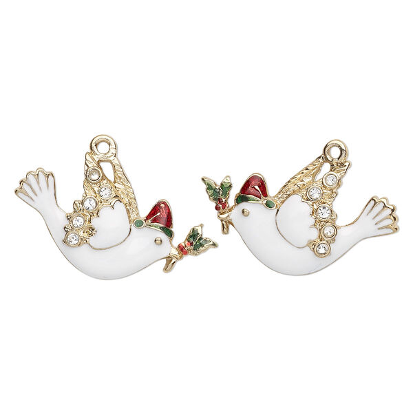 Charm, enamel / crystals / gold-finished "pewter" (zinc-based alloy), multicolored, 26x17mm left- and right-facing single-sided dove with holly. Sold per pkg of 2. image number 0
