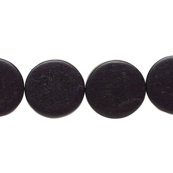 Bead, wood (dyed / waxed), black, 15mm flat round. Sold per 15-1/2" to 16" strand. image number 0