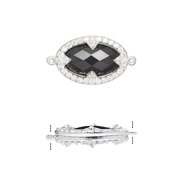 Link, black onyx (dyed) / cubic zirconia / sterling silver, clear, 18x12mm double-sided faceted oval. Sold individually. image number 0