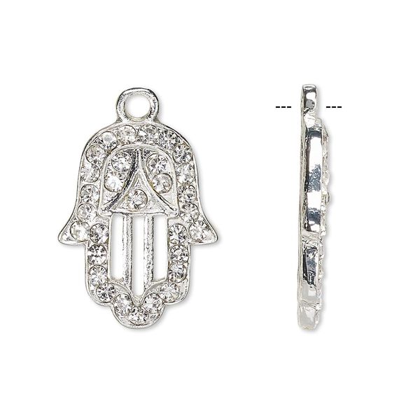 Drop, Czech glass rhinestone and silver-finished "pewter" (zinc-based alloy), clear, 22x17mm single-sided Fatima hand with cutouts and 2mm faceted round. Sold per pkg of 2. image number 0