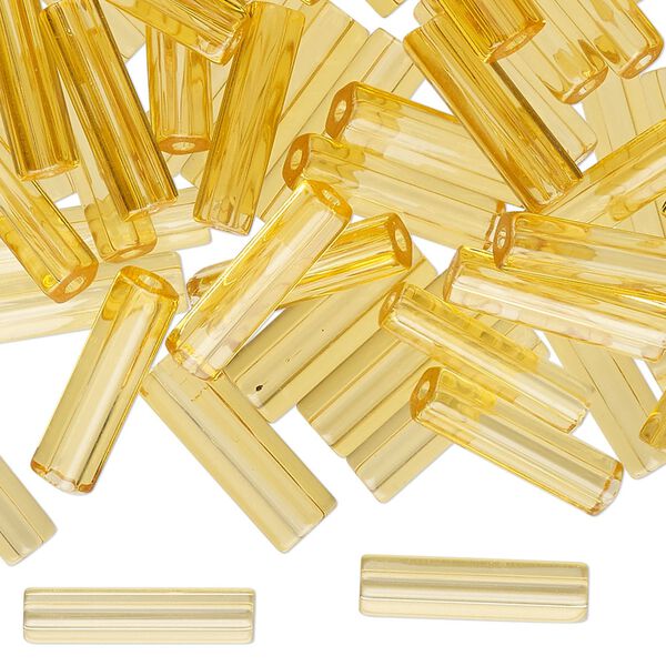 Bead, Czech glass, translucent topaz yellow, 15x4mm pentagon tube. Sold per 2-ounce pkg, approximately 120 beads. image number 0
