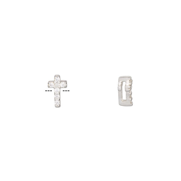 Slide, sterling silver and cubic zirconia, clear, 8x5mm single-sided cross, 5x1mm hole. Sold individually. image number 0