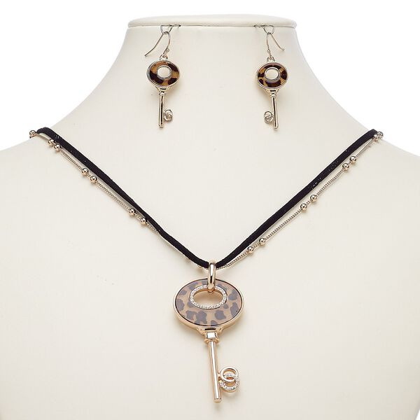 Necklace and earring set, Everyday Jewelry, faux suede / resin / crystals / rose gold-finished steel / brass / "pewter" (zinc-based alloy), black / brown / crystal clear, 60x30mm key, 20-inch necklace with 2-inch extender chain and lobster claw clasp, 43mm earrings with fishhook ear wire. Sold per set. image number 0