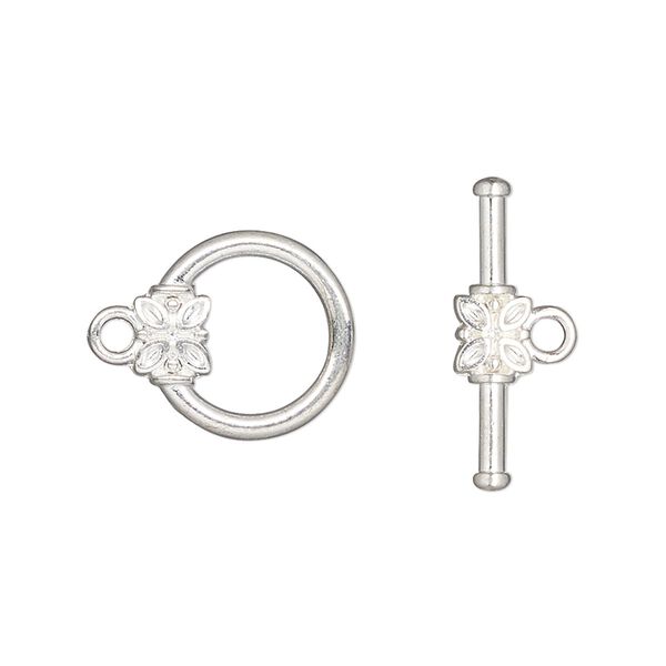 Clasp, toggle, silver-finished "pewter" (zinc-based alloy), 12.5mm round with flower and ribbed design. Sold per pkg of 10. image number 0