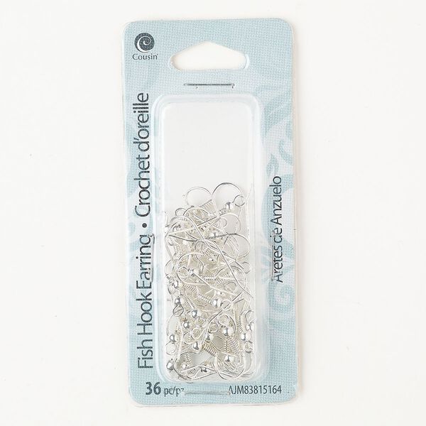 Ear wire fishhook 1pkg36, 15mm / 3mm ball / 5mm coil / open loop, 22 gauge silver-finished steel 18 pair image number 0