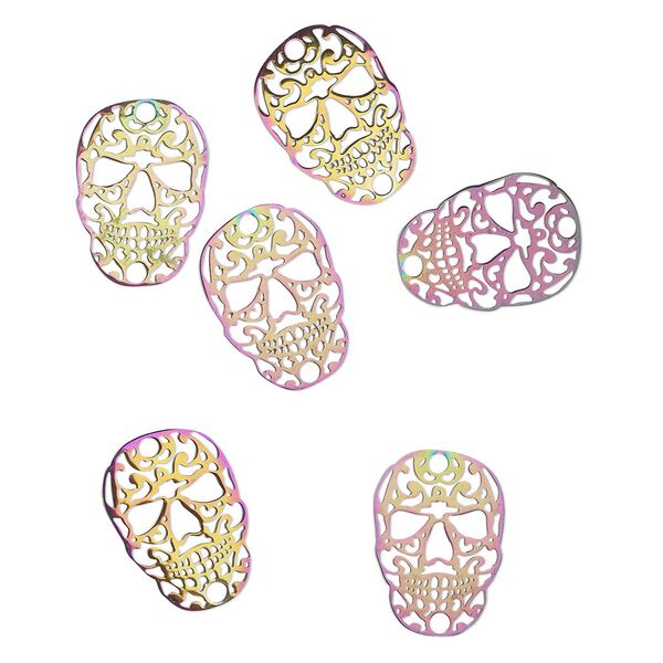 Link, electro-coated stainless steel, rainbow, 20x14mm double-sided sugar skull. Sold per pkg of 6. image number 0