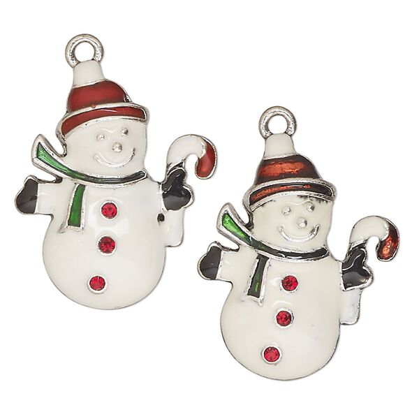 Charm, antique silver-finished "pewter" (zinc-based alloy) / enamel / glass, white, red/green/black, 26x22mm snowman with candy cane. Sold per pkg of 2. image number 0