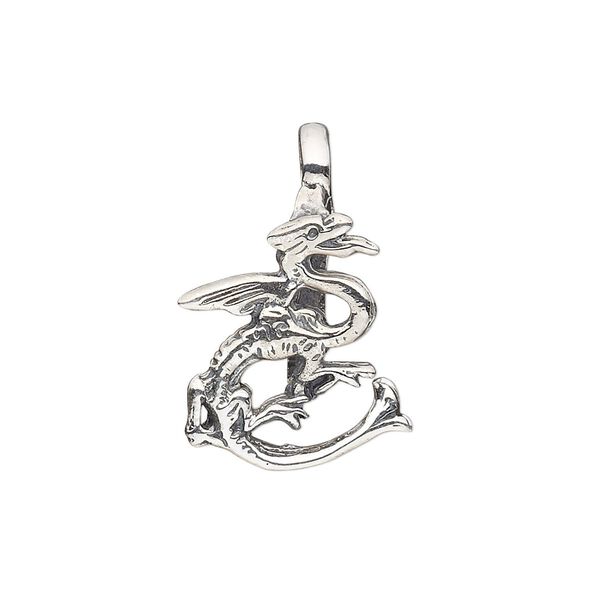 Bail, donut, antiqued sterling silver, 26x17mm dragon, 11mm grip length. Sold individually. image number 0