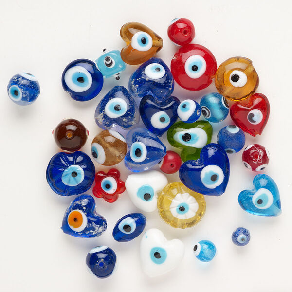 Bead mix, lampworked glass, translucent multicolored, 8mm-23x22mm mixed drilled and undrilled, mixed shapes with wards-off-the-evil-eye-design. Sold per 4-ounce pkg, approximately 30 beads. image number 0