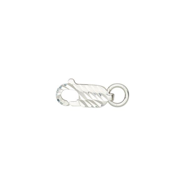 Clasp, lobster claw, sterling silver, 14x5mm with double-sided diamond-cut design and 5mm closed jump ring. Sold individually. image number 0