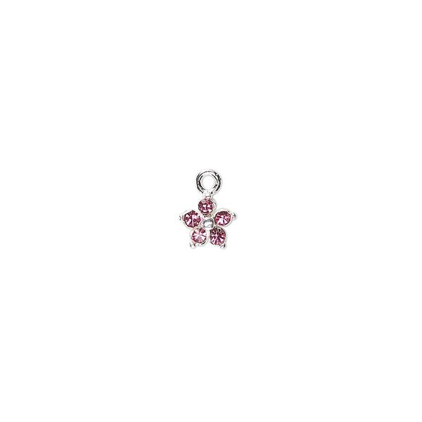 Charm, crystals and sterling silver, rose, 6mm single-sided flower. Sold per pkg of 2. image number 0