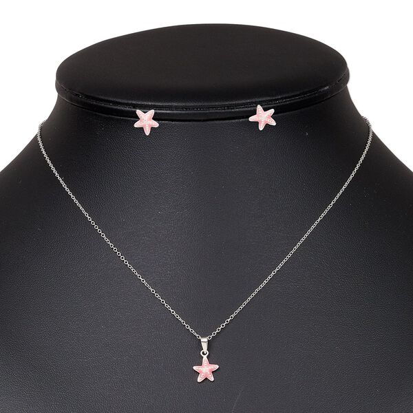 Necklace and earring set, enamel and sterling silver, pink, 9x8.5mm starfish, 16 inches with springring clasp, earring with post. Sold per set. image number 0