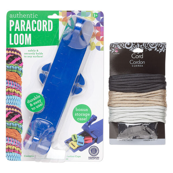 Paracord loom / cord / clasp mix, plastic and nylon, blue / black / mixed neutrals, 9x3 inches with adjustable 6-3/4 to 8-1/2 inch looming length and 1-3/4 inch width with 2 suction cups. Sold per 2-piece set. image number 0