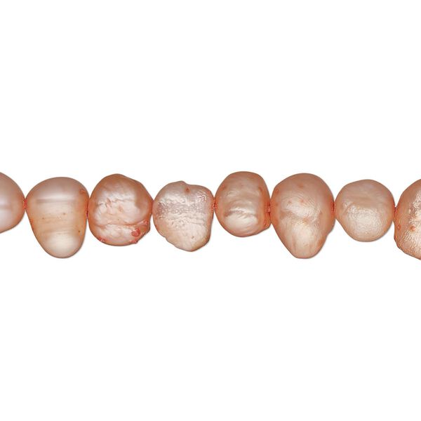 Pearl, cultured freshwater (dyed), salmon, 6-7mm flat sided potato, D grade, Mohs hardness 2-1/2 to 4. Sold per 15-inch strand. image number 0